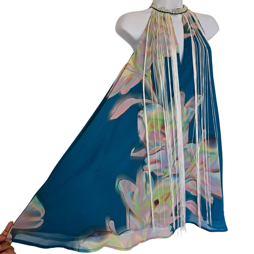 Cupshe Blue Floral Chiffon Fringe Halter Dress Size S Boho Resort Party Cocktail - Picture 5 of 9
